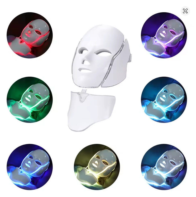 Máscara LED con Cuello 7 Colores + Microcorrientes: Fototerapia Facial Profesional en Casa